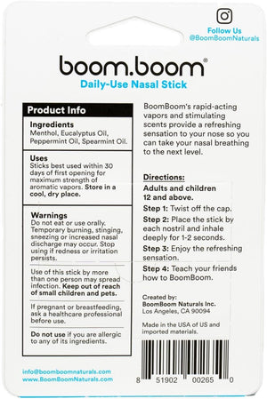 Mint BoomBoom Nasal Sticks - 3-pack | Boosts Focus + Enhances Breathing | Provides Fresh Cooling Sensation | Aromatherapy Inhaler Made with Essential Oils + Menthol
