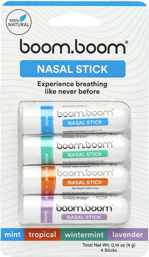 Variety 4-pack - BoomBoom Nasal Sticks  | Boosts Focus + Enhances Breathing | Provides Fresh Cooling Sensation | Aromatherapy Inhaler Made with Essential Oils + Menthol (Mint, Wintermint, Tropical, Lavender)
